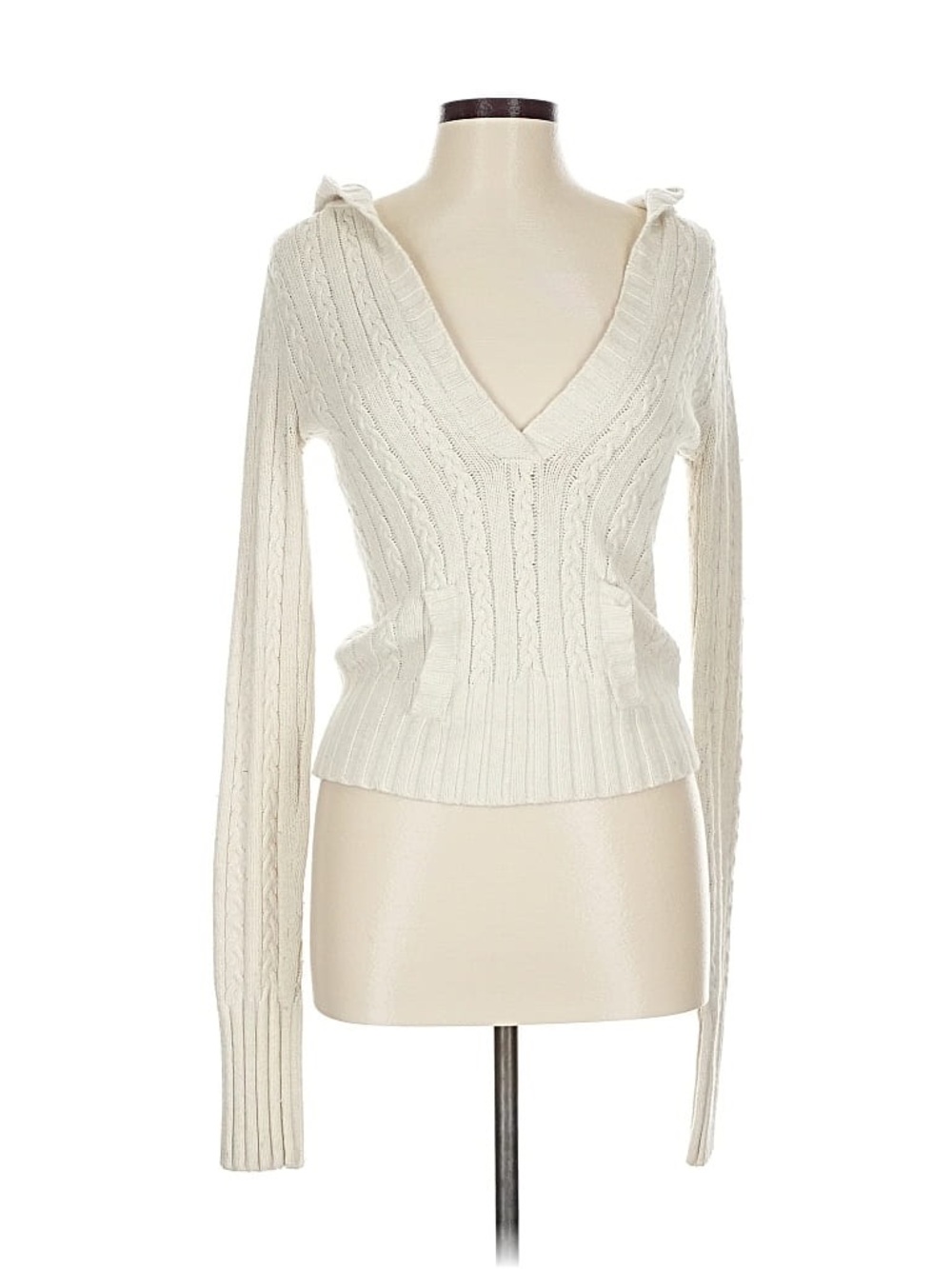 Vintage Y2K Hollister 2000s Cable Knit Hooded V Neck Pullover Sweater